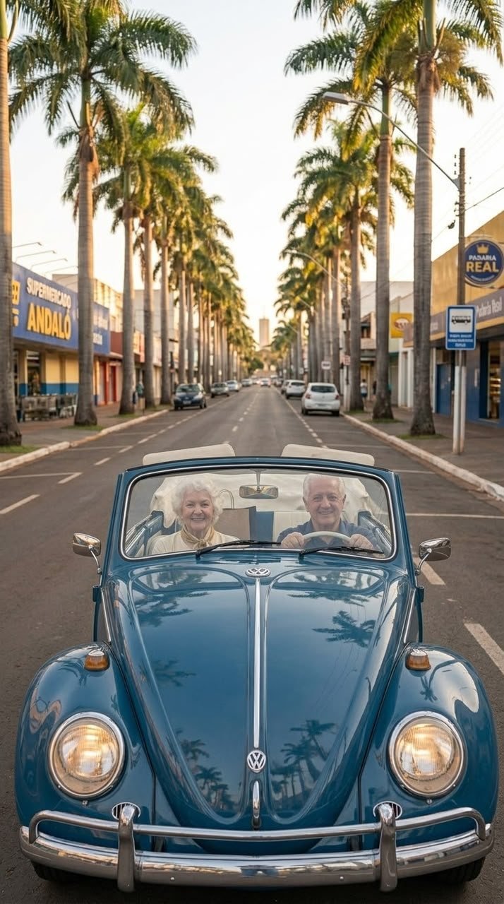 Casal de idosos sorrindo em um fusca conversível azul, numa avenida com palmeiras